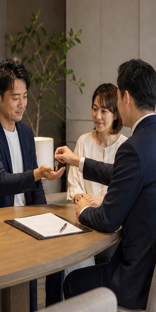 売買完了後に鍵を引き渡す様子
